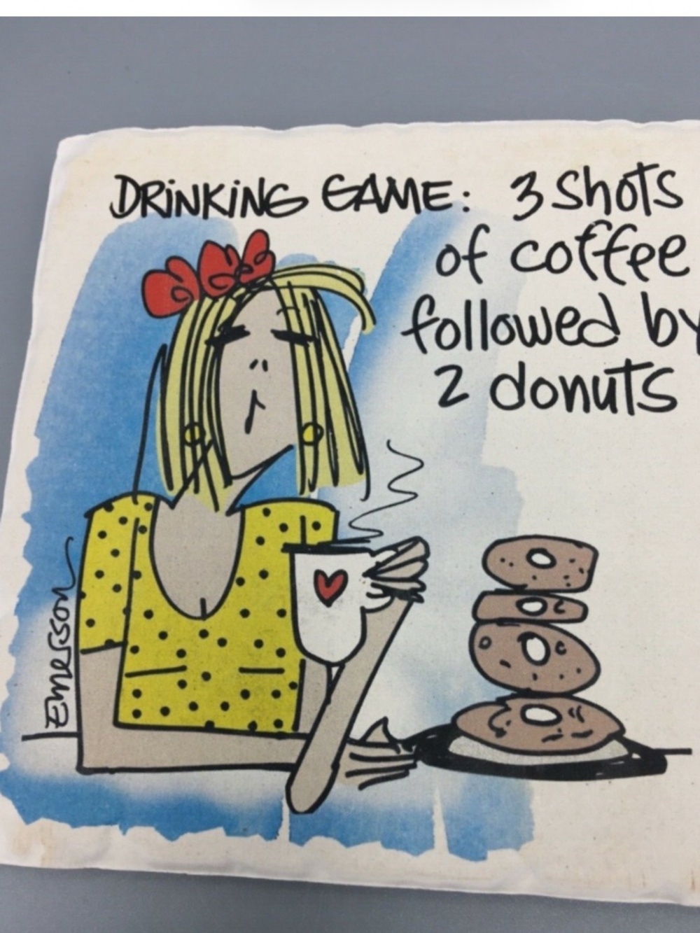 Tumbled Stone coaster “Drinking game 3 coffee 2 donuts”